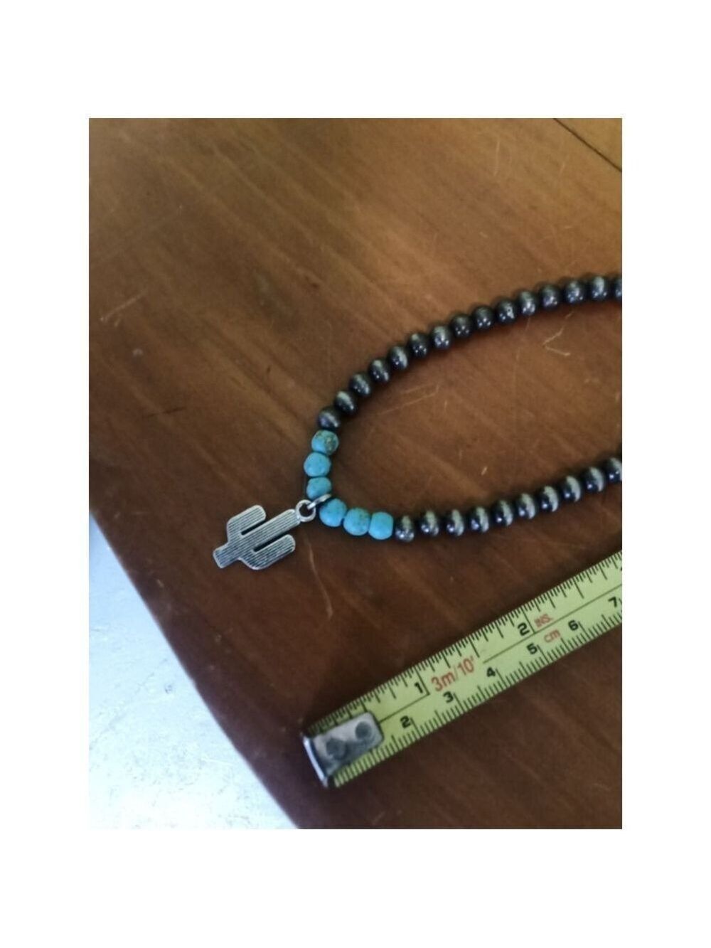 Beaded Necklace with Cactus Charm - Gray & Turquoise - Picture 3 of 4